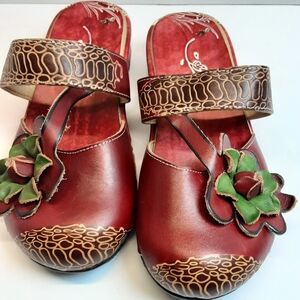 Womens Red Leather Boho Flower Mule Sz 37/6.5